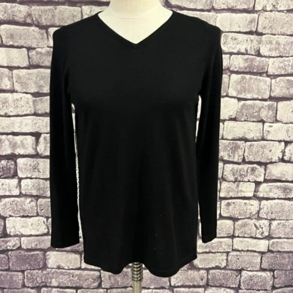 Chico's Black Solid Front & Polka Dot Back Blouse Size Small